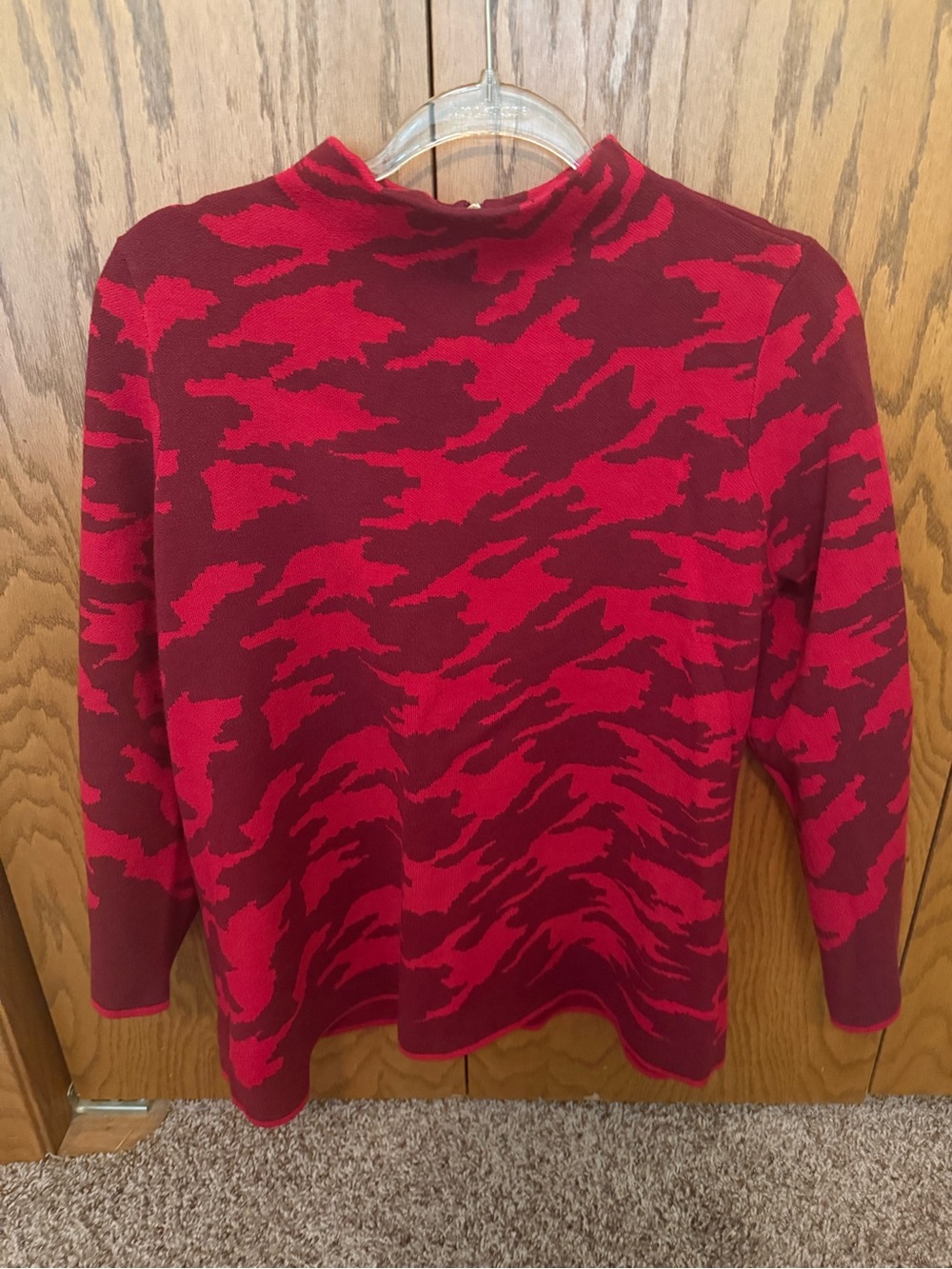 Chicos Red and Burgundy Patterned Mock Neck Sweater